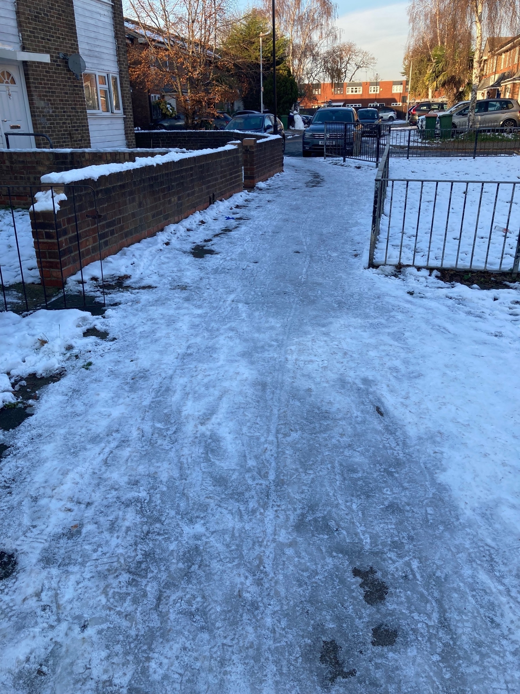 An icy pavement in Custom House, East London