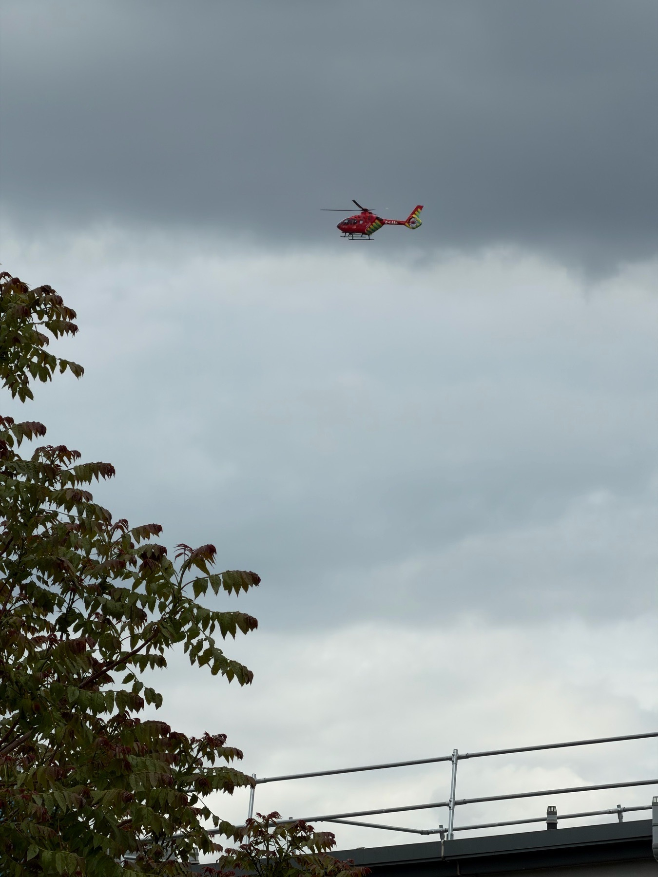 Cloudy skies, tree in the foreground, red helicopter of the air ambulance against the sky